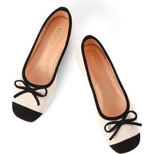 🆕Women Black Ballet Toe Bow Flats Two Tone Slip On Flats Comfort Square Shoes